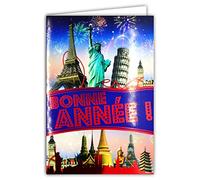 AFIE Happy New Year Card Best Wishes Fireworks with Glitter and White Envelope Travel Around the World Monuments Cities Paris New York London Pisa Festive New Year 1st January 61-4037-B BA