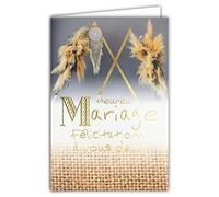 Afie Happy Wedding Card - Congratulations to You 2 - Shiny Gold Sparkle - Envelope Included - Bohemian Chic Dried Flowers Pampa Dream Catcher - Made in France 63-1153