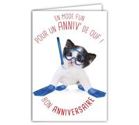 AFIE Humorous Happy Birthday Card with Illustrated Envelope, 17.5 x 12 cm, Cat Fun Funny with Flippers and Snorkel for the Sea or the Pool - Creation Made in France 69-6205
