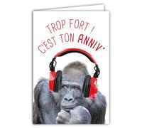 AFIE Humorous Happy Birthday Card with Illustrated Envelope 17.5 x 12 cm Monkey Gorilla Thinker Funny with Headphones - Creation Made in France 69-6212