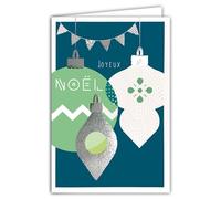 AFIE Merry Christmas Card Shiny Silver Glitter with White Envelope Size 12 x 17.5 cm - Decorative Geometric Baubles Garland Best Wishes End of Year - Made in France