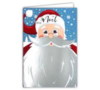 AFIE Merry Christmas Santa Claus Beard Mustache Shiny Silver Card with White Envelope Size 12 x 17.5 cm - Hat Head Portrait Snowflakes Winter Best Wishes End of Year - Made in France