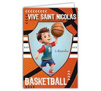 AFIE Saint Nicolas Basketball Greeting Card, Format 12 x 17 cm, Modern Illustrated Style, Orange and Blue, with White Envelope, Made in France