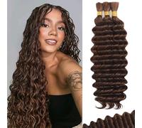 Afihond 14 Inch Boho Braiding Hair Deep Water Wave Human Hair for Braiding Brazilian Human Hair Extensions for Boho Braids 3 Bundles/Pack 110g Chocolate Brown