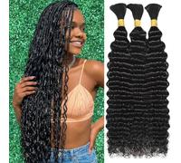Afihond Braiding Hair for Boho Braids Deep Water Wave Bulk Hair for Braiding Hair 12A Wet and Wavy Curly 100% Human Hair Extensions 3 Bundles 110g Natural Color 24 Inch