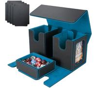AFIING MTG Commander Card Storage Box - Fits 200 Double Sleeved Cards,3-in-1Card Deck Case,Strong Magnet Card Organizer For Magic Commander TCG CCG,4Dividers &2 Toploaders, Black/Cyan
