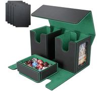 AFIING MTG Commander Card Storage Box - Fits 200 Double Sleeved Cards,3-in-1Card Deck Case,Strong Magnet Card Organizer For Magic Commander TCG CCG,4Dividers &2 Toploaders, Black/Green