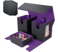 AFIING MTG Commander Card Storage Box - Fits 200 Double Sleeved Cards,3-in-1Card Deck Case,Strong Magnet Card Organizer For Magic Commander TCG CCG,4Dividers &2 Toploaders, Black/Purple