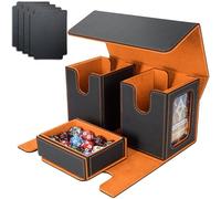 AFIING MTG Commander Deck Box 200 Double Sleeved Cards Storage, 3-in-1 Magnetic Card Case Organizer for Magic: The Gathering TCG CCG, 4 Dividers & 2 Toploaders (Black/Orange)
