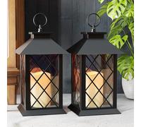 AFINETH 13.4" Lanterns Decorative Indoor, Black Lantern Decor with Timer Flickering Candle, Diamond-shaped Outdoor Lanterns, Waterproof Hanging Lantern for Patio, Porch, Entryway, Centerpieces, 2 Pack