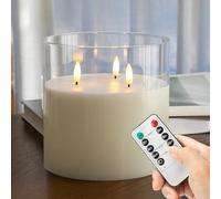 AFINETH Extra Large Flameless Candles with 3 Wicks, 6"x6" Glass Battery Operated Candles with Remote, Real Wax Flickering LED Candles Fake Candle for Home, Wedding, Party, Clear
