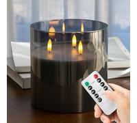 AFINETH Extra Large Flameless Candles with 3 Wicks, 6"x6" Glass Battery Operated Candles with Remote, Real Wax Flickering LED Candles Fake Candle for Home, Wedding, Party, Gray