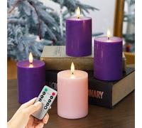 AFINETH Flamelss Advent Candles, Battery Operated Wax Pillar Candles with Remote, Flat Top Flickering Flameless Candles, LED Candles for for Christmas, Catholic, Advent, Wreath, Purple and Pink
