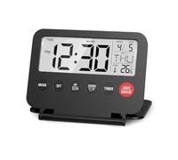 AFIODA Travel Alarm Clock-Compact Digital LCD Clock with Adjustable Backlight, Dual Volume Settings,12/24H Time Format,Calendar,Temperature Display,Snooze Function,Portable for Travel and Home Use