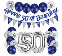 Afirbeone 50th Birthday Decorations - Navy Blue & Silver, Happy Birthday Banner, Triangle Flag, Confetti & Aluminum Foil Balloons