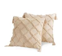 AFIRMLY Bohemian Throw Pillow Covers, Tufted Embroidered PillowCovers 18x18 inches, Set of 2 - Geometric Cotton Canvas with Tassels, Invisible Zipper, Ideal for Home and Outdoor Decor, Beige