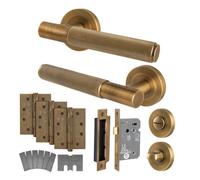 Afit Antique Brass Bathroom Door Handle Kit - Fir Fd30/60, 1 Pair Of Knurled Internal Handles, Lock 80mm, Hinges - Nurl