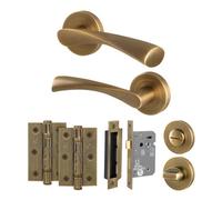 Afit Antique Brass Bathroom Door Handle Round Rose Kit, 1 Pair Of Internal Lever Handles, Lock 64mm, Hinges - Novi