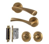 Afit Antique Brass Bathroom Door Handle Round Rose Kit, 1 Pair Of Internal Lever Handles With Lock 64mm - Novi
