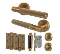 Afit Antique Brass Bathroom Door Handle Round Rose Kit, 1 Pair Of Knurled Internal Lever Handles, Lock 64mm, Hinges - Nurl