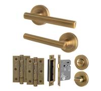 Afit Antique Brass Bathroom Door Handles Round Rose With Turn Release And Wc Lock (80mm) And Hinges T-Bar 1 Pair, Olvera