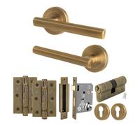 Afit Antique Brass Door Handle Euro Lock And Double Cylinder Kit, 1 Pair Of Internal Handles, Locks, Hinges - Olvera