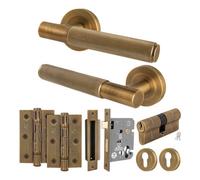 Afit Antique Brass Door Handle Euro Lock And Double Cylinder Kit, 1 Pair Of Knurled Internal Handles, Locks, Hinges - Nurl
