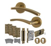 Afit Antique Brass Door Handle Euro Lock And Double Cylinder Kit - Fir Fd30/60 1 Pair Internal Handles Locks Hinges - Ebley