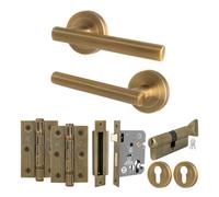 Afit Antique Brass Door Handle Euro Lock And Turn Cylinder Set, 1 Pair Of Internal Handles, Locks, Hinges - Olvera