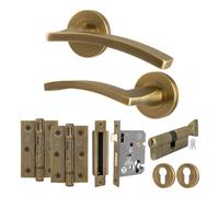 Afit Antique Brass Door Handle Euro Lock And Turn Cylinder Set, 1 Pair Of Internal Handles, Locks, Hinges - Ebley