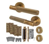 Afit Antique Brass Door Handle Key Lock Kit - Fir Fd30/60, 1 Pair Of Knurled Internal Handles, Lock 80mm, Hinges - Nurl