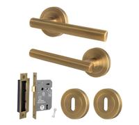 Afit Antique Brass Door Handle Round Rose Key Lock Kit, 1 Pair Internal Lever Handles With Lock 64mm - Olvera Range