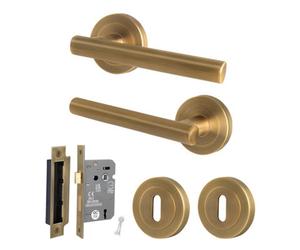 Afit Antique Brass Door Handle Round Rose Key Lock Kit, 1 Pair Internal Lever Handles With Lock 64mm - Olvera Range