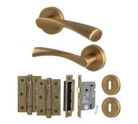 Afit Antique Brass Door Handle Round Rose Key Lock Kit, 1 Pair Of Internal Lever Handles, Lock 64mm And Hinges - Novi