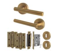 Afit Antique Brass Door Handle Round Rose Key Lock Kit, 1 Pair Of Internal Lever Handles, Lock 64mm And Hinges - Olvera