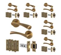 Afit Antique Brass Door Handles Round Rose Latch Kit, 6 Pairs Internal Lever Handles, Latches 64mm And Hinges - Novi