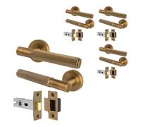 Afit Antique Brass Door Handles Round Rose With Latch, 4 Pairs Of Knurled Internal Lever Handles, Latch 64mm - Nurl