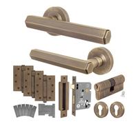 Afit Antique Brass Fire Door Handle Euro Lock And Double Cylinder Set, Internal Fir Door Handle Locks Hinges, Monet 1 Pack