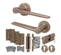 Afit Antique Brass Fire Door Handle Euro Lock And Double Cylinder Set, Internal Fir Door Handle Locks Hinges, Tempo 1 Pack