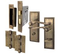 Afit Antique Brass Georgian Bathroom Door Handle On Backplate Set For Internal Doors With 64mm Bathroom Lock And 76mm Hinges