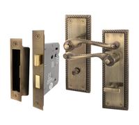 Afit Antique Brass Georgian Bathroom Door Handle On Backplate Set For Internal Doors With 64mm Bathroom Lock