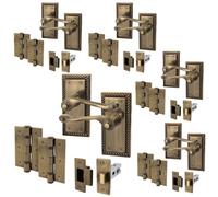 Afit Antique Brass Georgian Door Handle On Backplate Latch Set Rope Edge Internal Pack Of 5 With 64mm Latch And 76mm Hinges