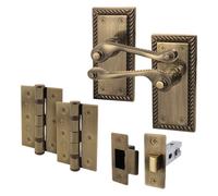 Afit Antique Brass Georgian Door Handle On Backplate Latch Set Rope Edge Internal With 64mm Latch And 76mm Hinges