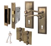 Afit Antique Brass Georgian Locking Door Handle On Backplate Set For Internal Doors With 64mm Sashlock And 76mm Hinges