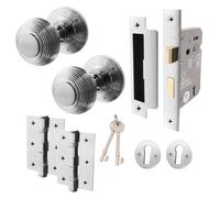 Afit Beehive Key Lock Door Knob Set Polished Chrome - 1 Pair Of Reeded Mortice Knobs (55mm), Sash Lock (80mm) & Hinges (76mm)