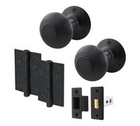 Afit Beehive Reeded Black Door Knob Set - 1 Pair Matt Black Mortice Knobs (55mm), Latch (76mm) & Hinges (76mm) For Internal Doors