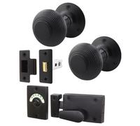 Afit Beehive Reeded Black Door Knob Set - 1 Pair Matt Black Mortice Knobs (55mm), Latch (76mm) & Indicator Bolt