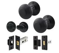 Afit Beehive Reeded Black Door Knob Set - 1 Pair Matt Black Mortice Knobs (55mm), Latch & Deadbolt Kit (76mm) & Thumbturn