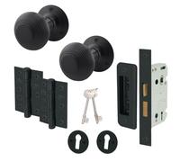 Afit Beehive Reeded Black Key Lock Door Knob Set - 1 Pair Matt Black Mortice Knobs (55mm), Sash Lock (80mm) & Hinges (76mm)