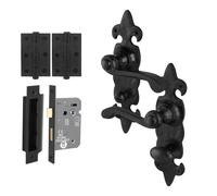 AFIT Black Antique Cast Iron Bathroom Handles, Lock 64mm, Hinges 1 Pair | Size: 150mm x 150mm AFIT Black 150mm x 150mm